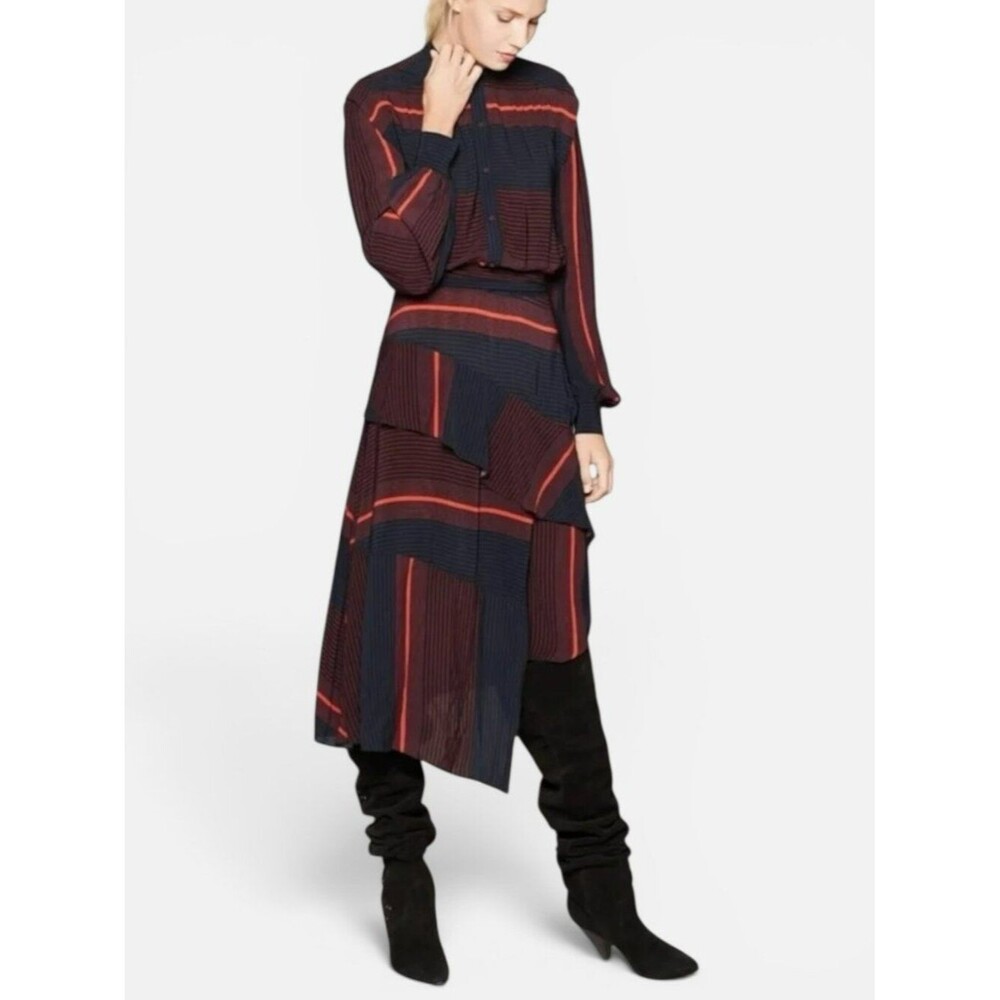 Joie Roz Stripe Midi Shirt Dress Caviar Red Navy Wrap Tie Size 4